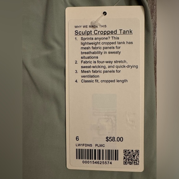 New with tags Lululemon sculpt cropped tank, size 6, green. Light green. PLMC. - Picture 5 of 10